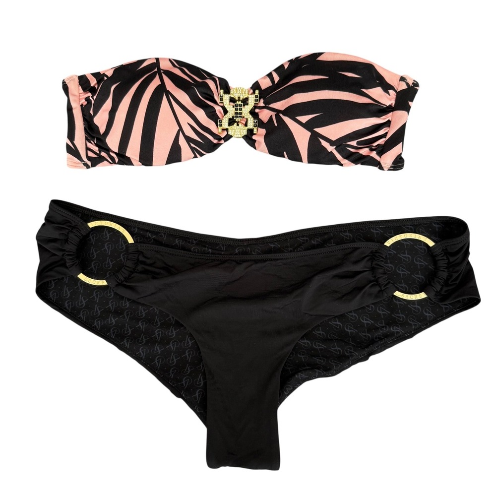 Victorias Secret Bikini Pink Black Palm Bandeau Rhinestone Gold Low Rise S Top M - Picture 11 of 11